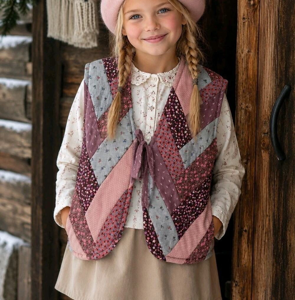 Vintage Quilted Vest Girls Sz 6 Pink Floral Handmade Patchwork Cottage Prarie